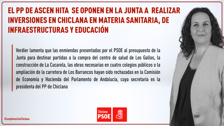 “Hita y sus compañeros del PP en la Junta se oponen a ejecutar inversiones en materia sanitaria, educativa y de infraestructuras en Chiclana”